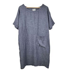 Chalet Et Ceci Short Sleeve Linen Dress M Gray Chambray Pocket Coastal Lagenlook